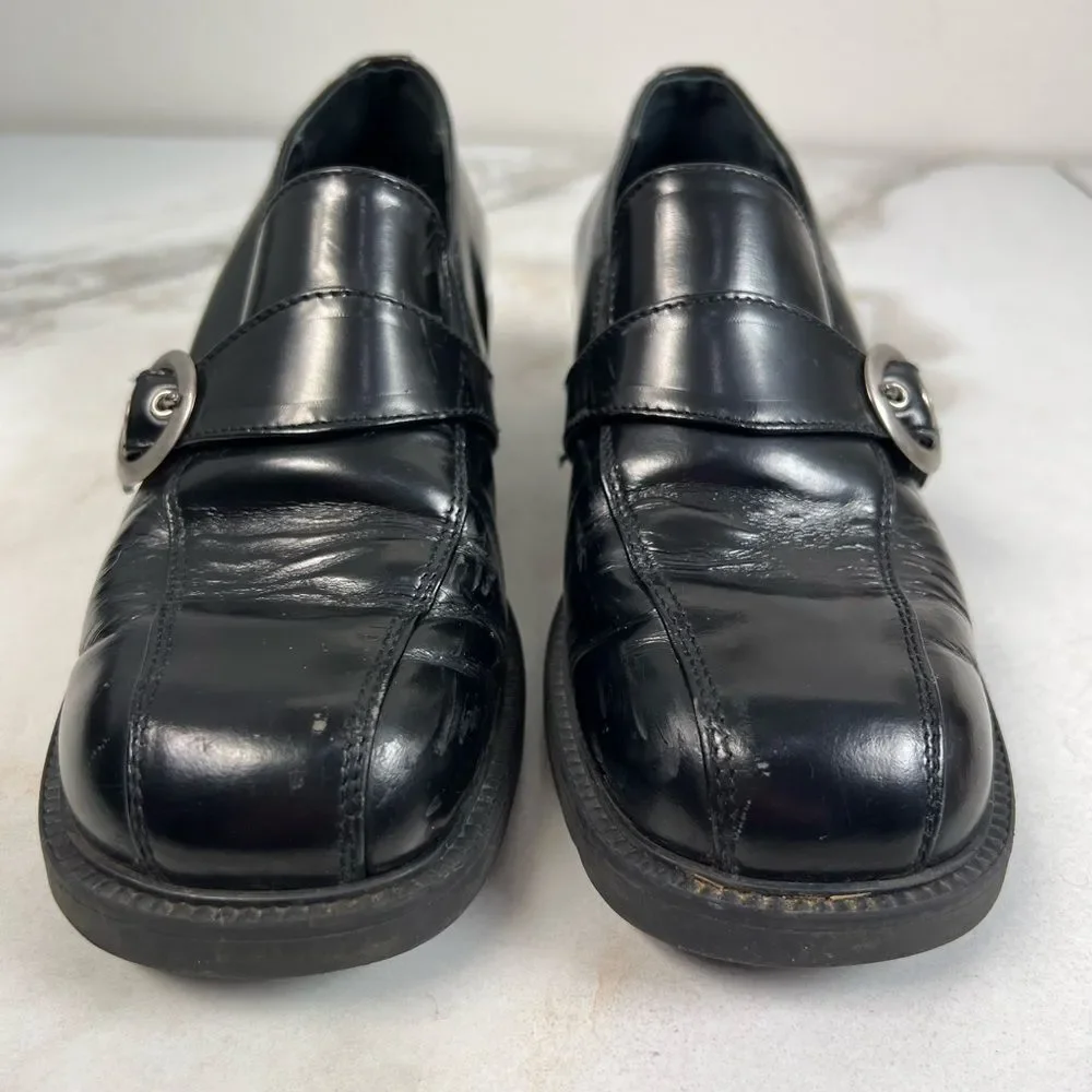 Made in Italy Y2K Black Leather Square Toe Chunky Heel Slip On Loafers, Sz 2.5-3